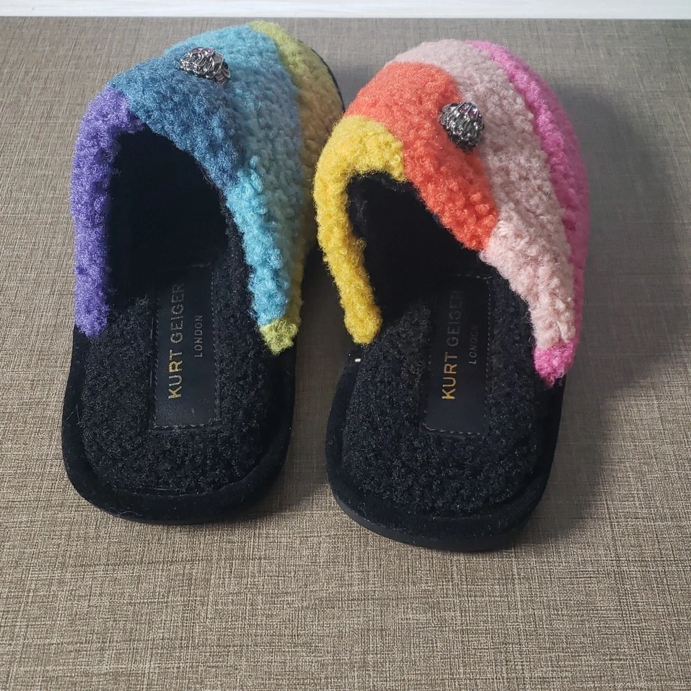 Kurt Geiger London Kensington Striped‎ Faux-Shearling Slippers - SZ 1 Youth